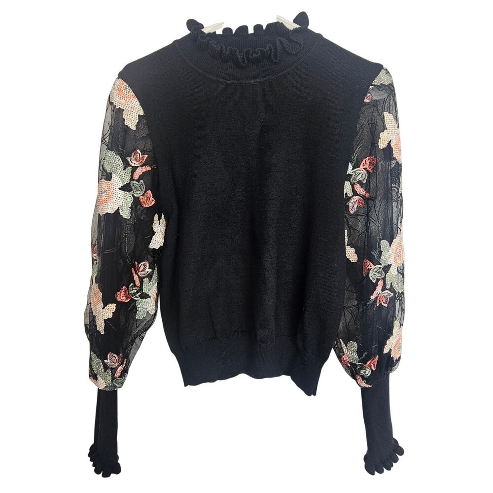Gracia Womens Floral Applique Mesh Sleeve Sweater Size S Ruffle Neck Whimsigoth